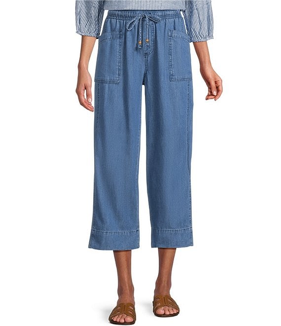 Westbound Linen Blend Medium Wash Pull On Flat Front Crop Pants