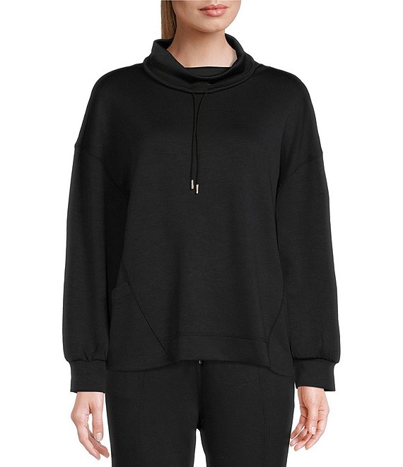 Color:Black - Image 1 - Long Sleeve Cowl Neck Cozy Knit Drawstring Pullover