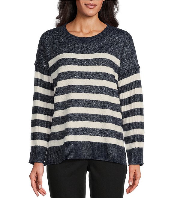 Westbound Long Sleeve Crew Neck High-Low Hem Striped Sweater | Dillard's