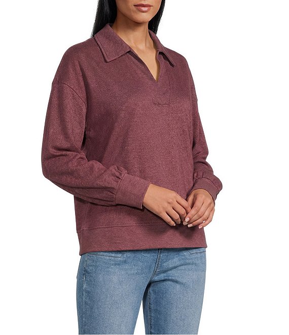 Westbound Long Sleeve V-Neck Collared Knit Top, Burgundy - Image 1