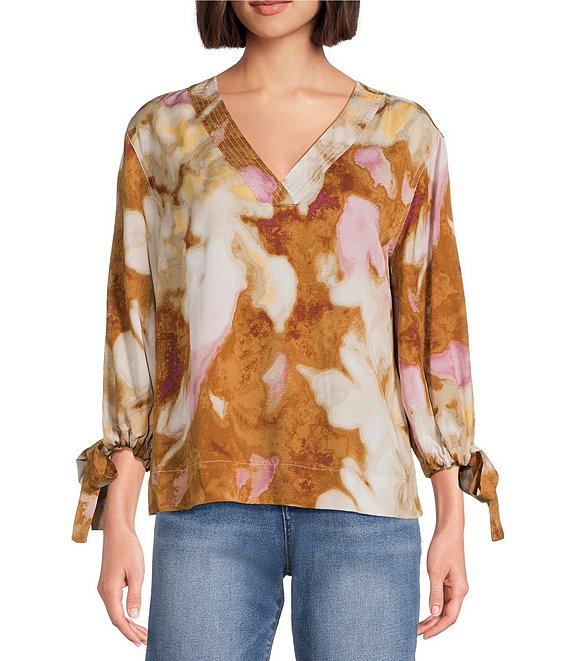 Westbound Mocha Autumn Blur 3/4 Tie Sleeve Top, Mocha Autumn Blur - Image 1