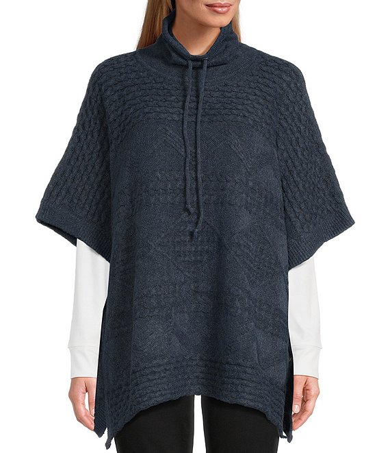 Westbound Mock Neck Elbow Sleeve Button Detail Hooded Poncho