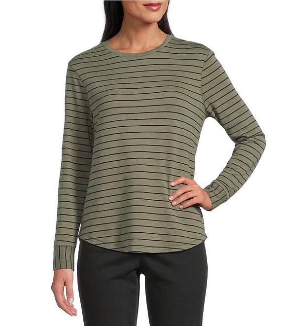 Westbound Olive Stripe Long Sleeve Crew Neck Pullover, Olive Stripe - Image 1