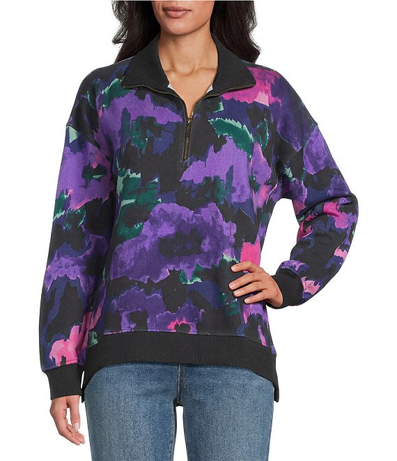 Westbound Petite Acai Brush Floral Long Sleeve Quarter Zip Pullover, Acai Brush Floral - Image 1