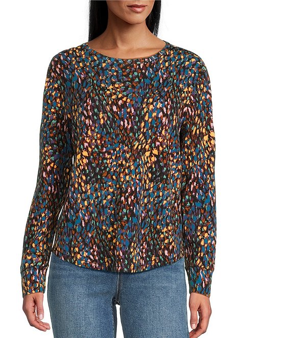 Westbound Petite Multi Soft Spots Long Sleeve Crew Neck Knit Tee, Multi Soft Spots - Image 1