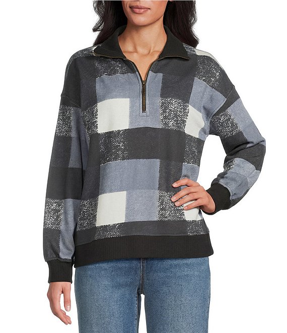 Westbound Petite Size Black White Textured Buffalo Long Sleeve Quarter Zip Pullover