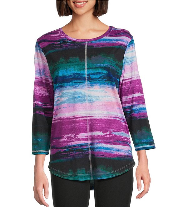 Westbound Petite Size Celestial Imperial Harbor Sunset 3/4 Sleeve Crew Neck Knit Top, Celestial/Imperial Palace Harbor Sunset - Image 1