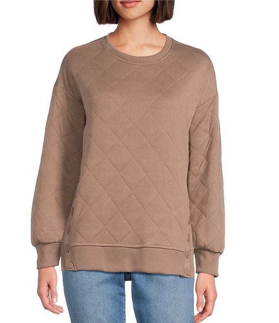 Westbound Petite Size Crew Neck Button Detail Long Sleeve Quilted Pullover, Fossil - Image 1