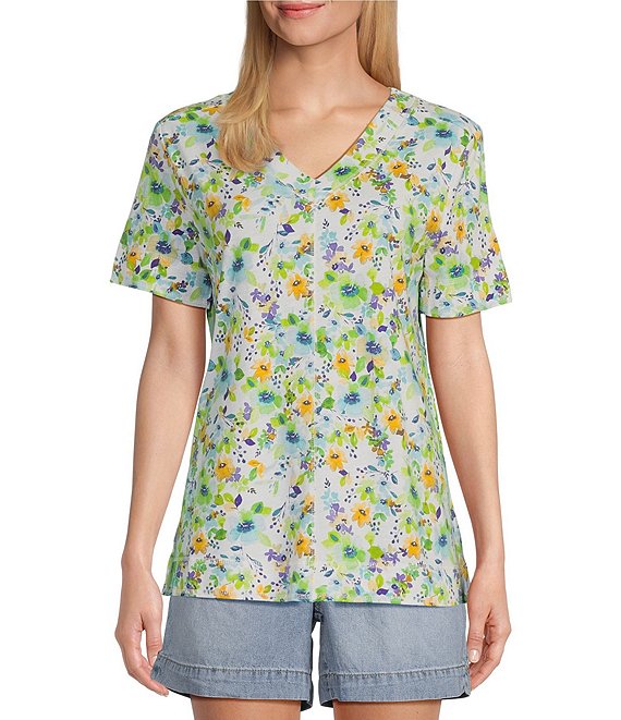 Westbound Petite Size Floral Printed Knit Short Sleeve V-Neck Top ...