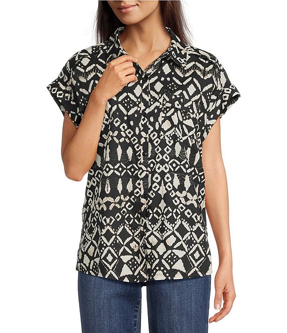 Westbound Petite Size Ikat Stripe Print Button Front Tie Hem Top