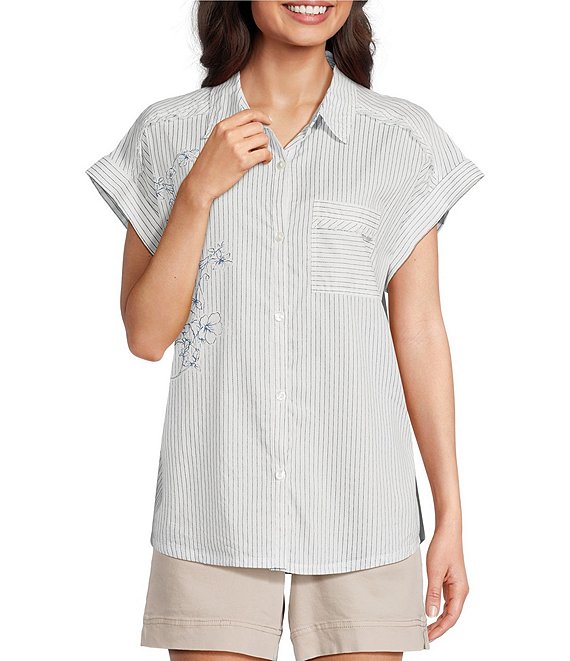 Westbound Petite Size Ikat Stripe Print Button Front Tie Hem Top