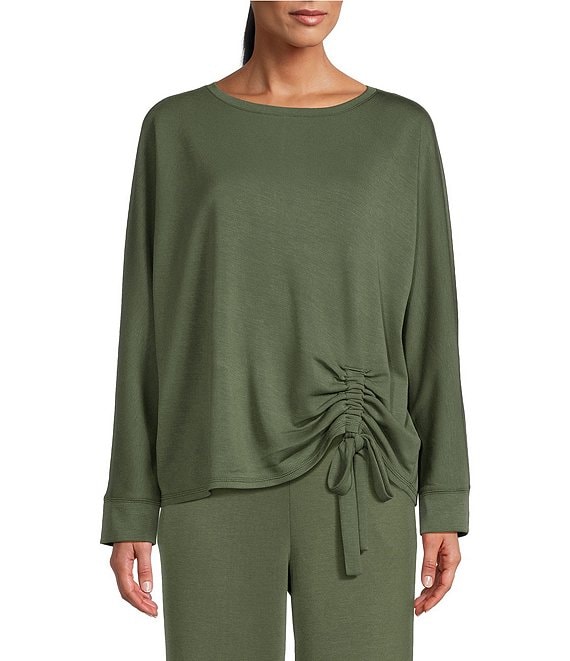 Color:Beetle Olive - Image 1 - Petite Size Knit Long Sleeve Crew Neck Ruched Shirt