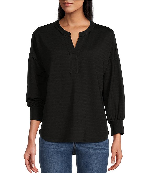 Color:Black - Image 1 - Petite Size Knit Long Sleeve Henley Pullover Shirt
