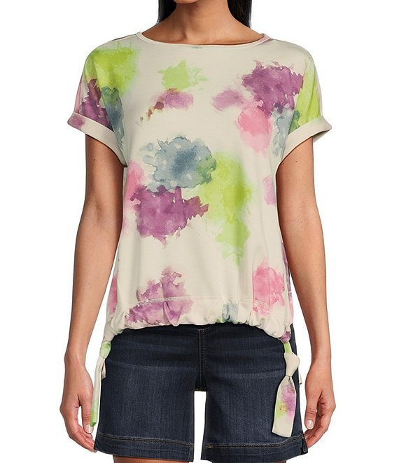 Westbound Petite Size Printed Crew Neck Short Sleeve Scrunched Waist ...