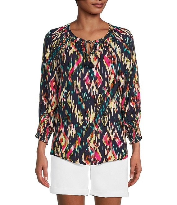 Westbound Petite Size Shattered Ikat Print 3/4 Peasant Sleeve V-Neck ...