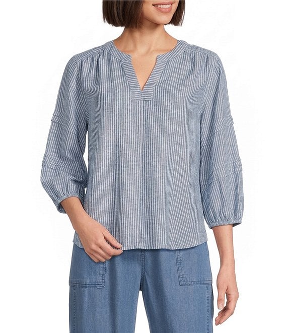 Westbound Petite Size Stripe Print 3/4 Sleeve V-Neck Top