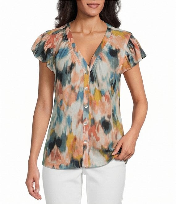 Westbound Petite Size V-Neck Button Front Flutter Sleeve Top