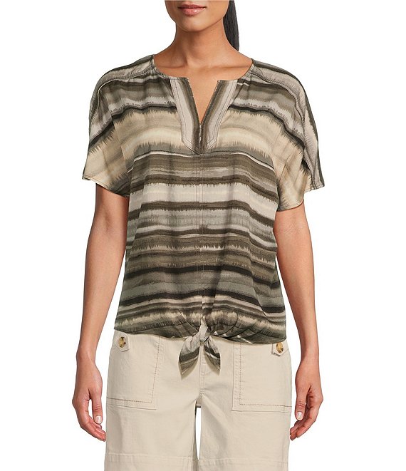 Color:Olive Watercolor Stripe - Image 1 - Petite Size Olive Watercolor Striped Print Woven Short Sleeve Split Round Neck Tie Front Tee Shirt