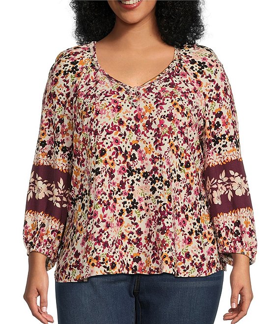 Westbound Plus Size 3/4 Sleeve Daisey Print Partial Button Front ...