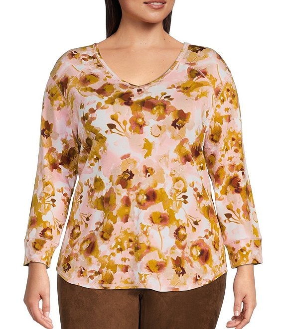Westbound Plus Size Abstract Floral Print 3/4 Sleeve V-Neck Tee | Dillard's