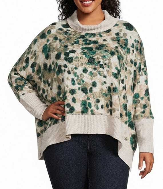 Westbound Plus Size Animal Print Long Sleeve Mock Neck Knit Top, Cream/Green Soft Animal - Image 1