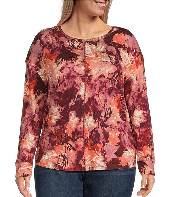Westbound Plus Size Autumn Leaves Print Round Neck Long Sleeve Knit Tee ...