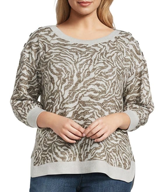 Westbound Plus Size Brown Zebra Knit Long Sleeve Button Shoulder Pullover Top, Brown Zebra - Image 1
