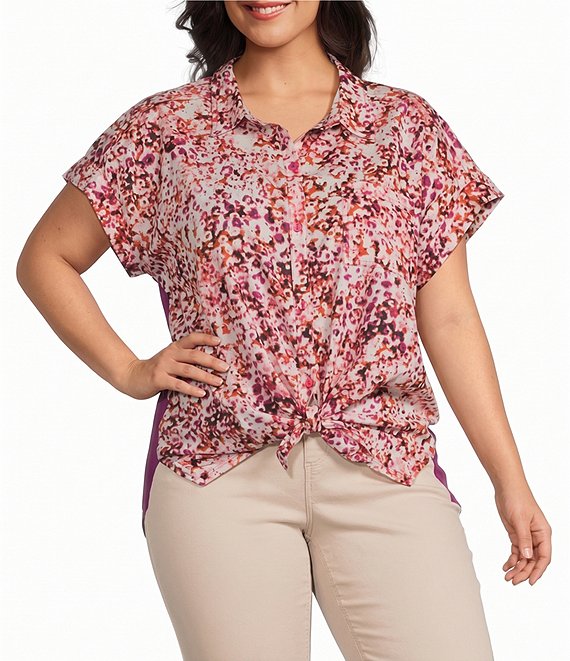 Westbound Plus Size Ditsy Bloom Print Woven Button Front Top