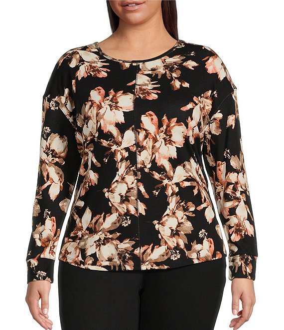 Westbound Plus Size Fall Bloom Print Round Neck Long Sleeve Knit Tee ...