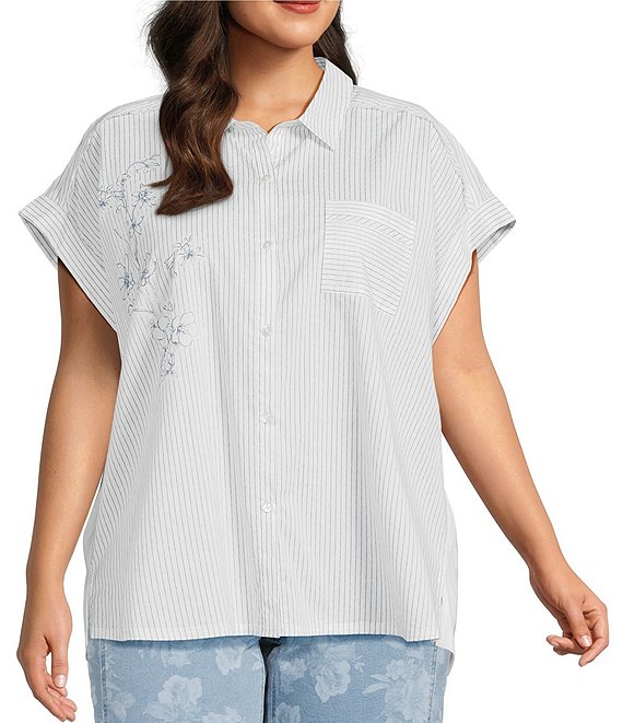 Westbound Plus Size Floral Stripe Woven Button Front Top