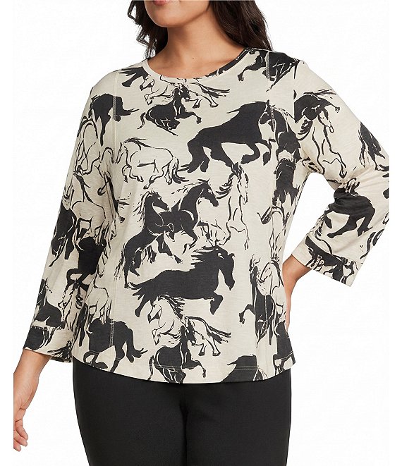 Westbound Plus Size Horses 3/4 Sleeve Knit Crew Neck Top