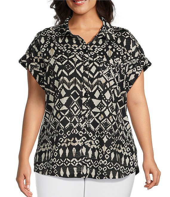 Westbound Plus Size Ikat Stripe Print Woven Button Front Top