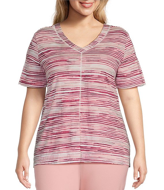 Westbound Plus Size Knit Stripe Short Sleeve V-Neck Top | Dillard's