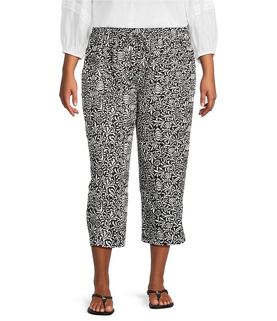Westbound Plus Size Printed Linen Blend Pull On Crop Pants