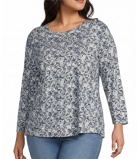 Westbound Plus Size Textured Geo 3/4 Sleeve Knit Crew Neck Top