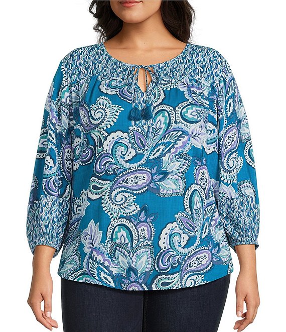 Westbound Plus Size Woven Celestial Spiced Mix Paisley 3/4 Sleeve V-Neck Tie Top, Celestial Spice/Mix Paisley - Image 1
