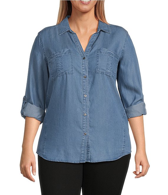 Westbound Plus Size Woven Chambray Long Roll-Tab Sleeve Point Collar Y ...