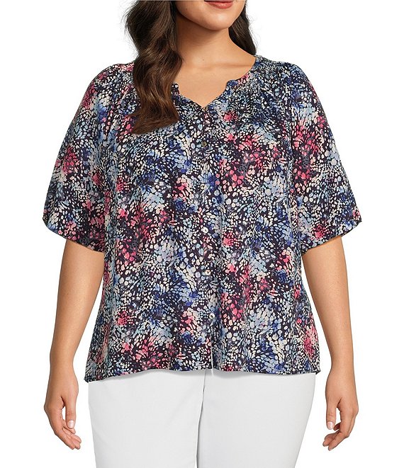 Westbound Plus Size Woven Short Sleeve Y-Neck Button Front Top | Dillard's