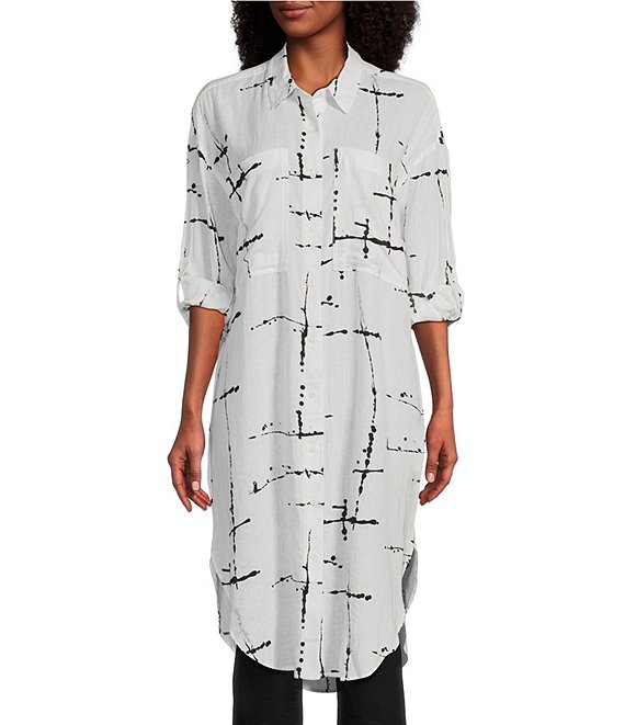 Westbound Printed Point Collar Long Roll-Tab Sleeve Button Front Woven Tunic