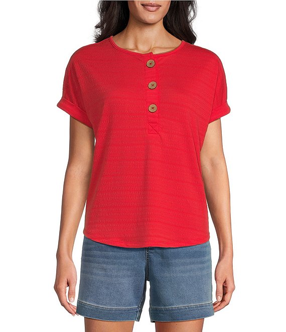 【MODERNIF】Henley Neck Cable Short Sleeve Knit Westbound Short Sleeve Henley Neckline Knit Top | Dillard's