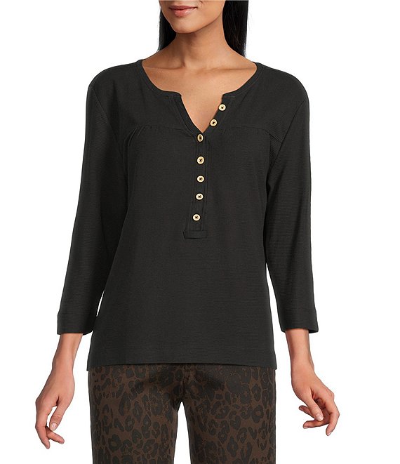 Westbound Solid Knit 3/4 Sleeve Henley Top, Black - Image 1