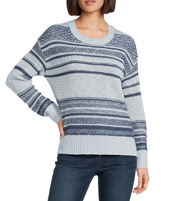 Westbound Stripe Jacquard Long Sleeve Crew Neck Sweater, Vintage Indigo - Image 1