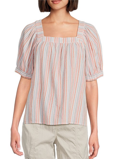 Westbound Striped Short Sleeve Square Neck Top, Ochre Stripe - Image 1