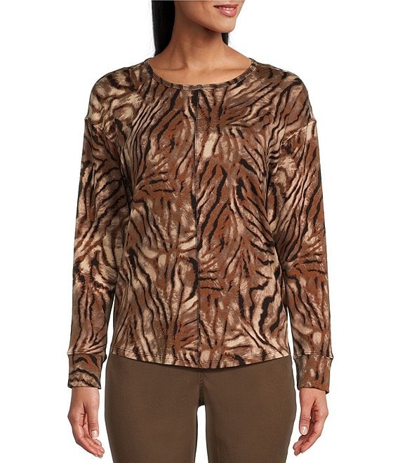 Westbound Twisted Tiger Print Round Neck Long Sleeve Knit Tee Shirt ...