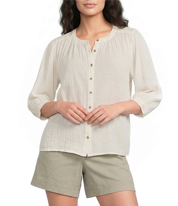 Westbound V-Neck 3/4 Sleeve Button Front Top