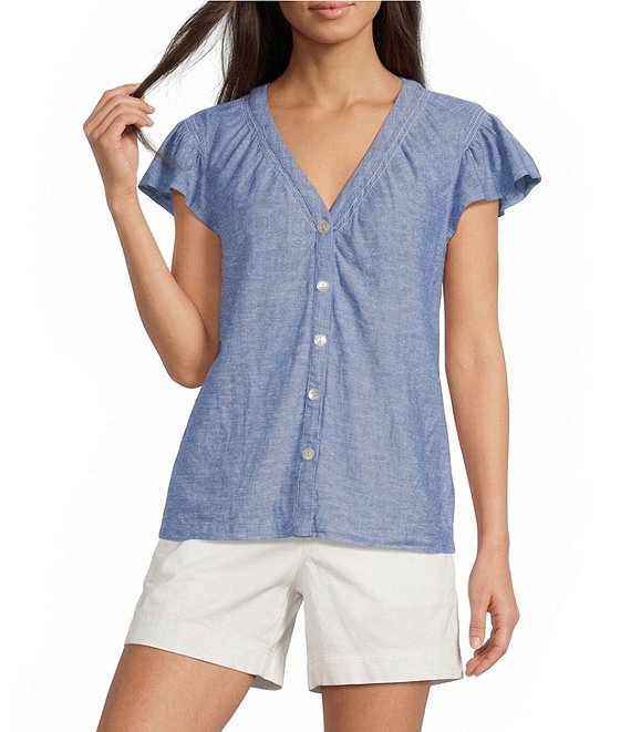 Westbound V-Neck Button Front Flutter Sleeve Top