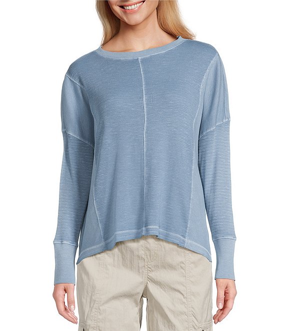Westbound Waffle Solid Long Sleeve Crew Neck Pullover Top, Windward Blue - Image 1