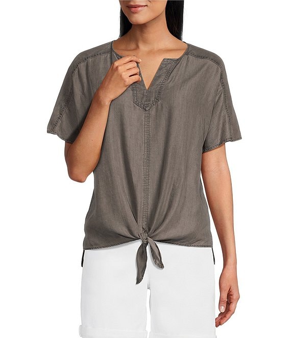 Westbound Woven Short Sleeve Split Round Neck Tie Front Shirt | Dillard's
