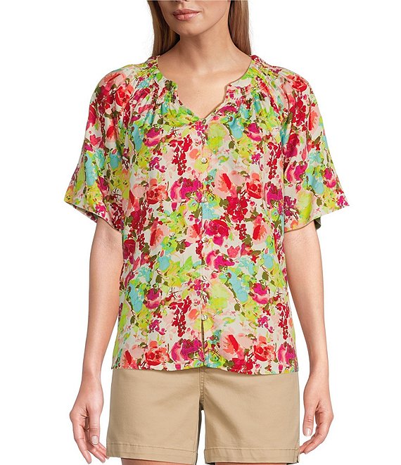 Westbound Woven Short Sleeve Y-Neck Button Front Top | Dillard's