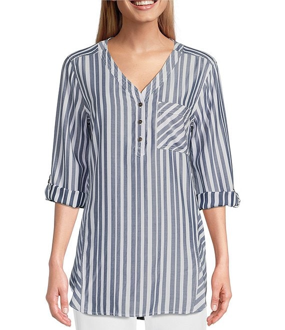 Westbound Woven Stripe Print 3/4 Sleeve Y-Neck Extended Hem Pullover ...